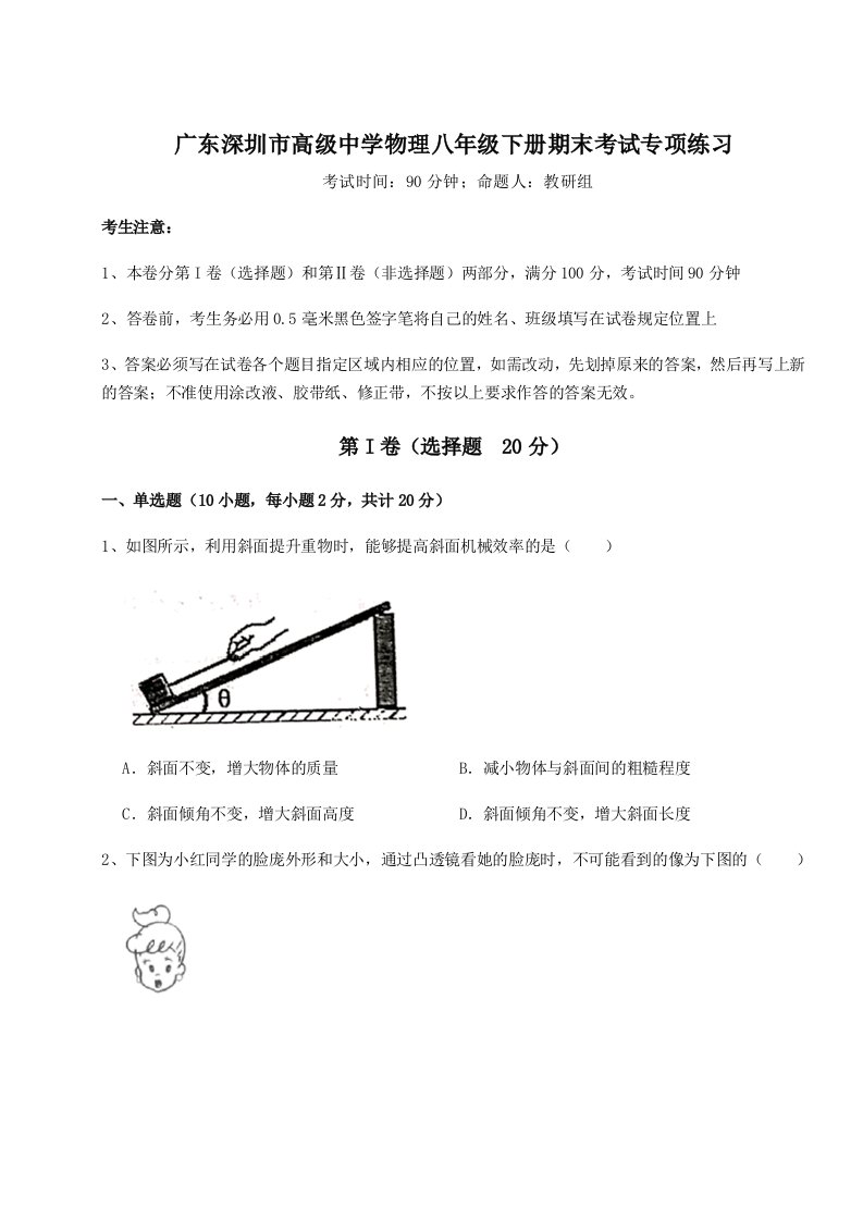 2023-2024学年度广东深圳市高级中学物理八年级下册期末考试专项练习试卷（含答案详解）