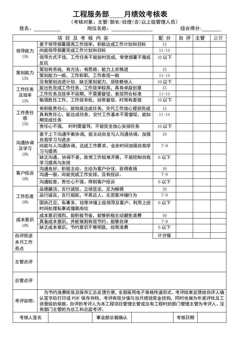 工程服务部员工绩效考核表