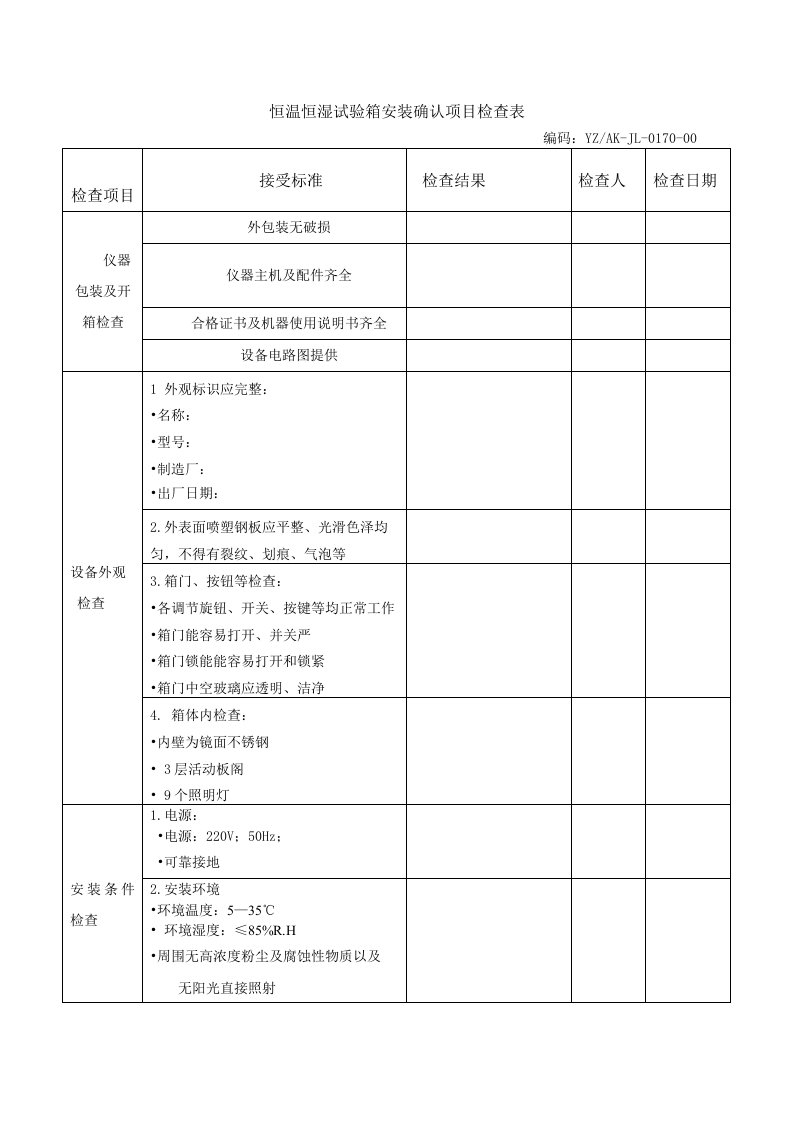 恒温恒湿试验箱验证记录