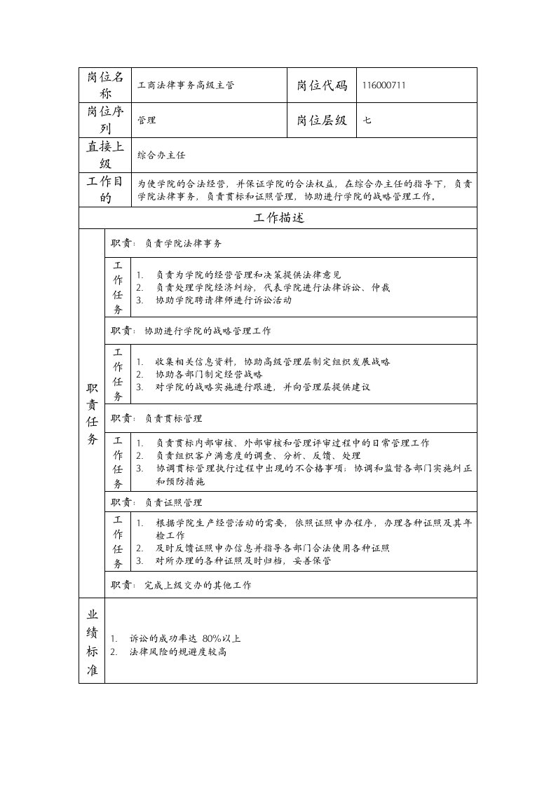 精品文档-岗位说明书工商法律事务高级主管