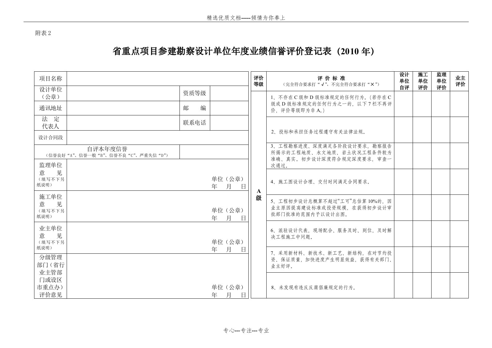 省重点项目参建单位年度业绩信誉评价登记表附表(共7页)