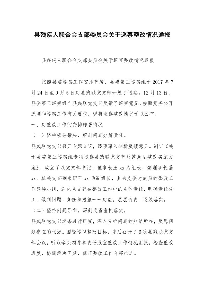 县残疾人联合会支部委员会关于巡察整改情况通报