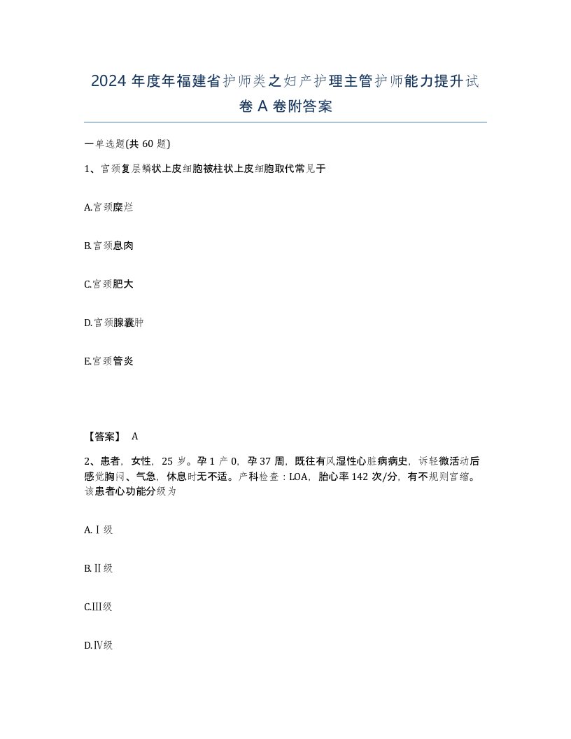 2024年度年福建省护师类之妇产护理主管护师能力提升试卷A卷附答案