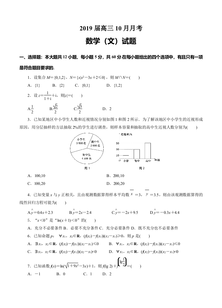 【小学中学教育精选】四川省攀枝花市2019届高三10月月考数学（文）试卷（含答案）