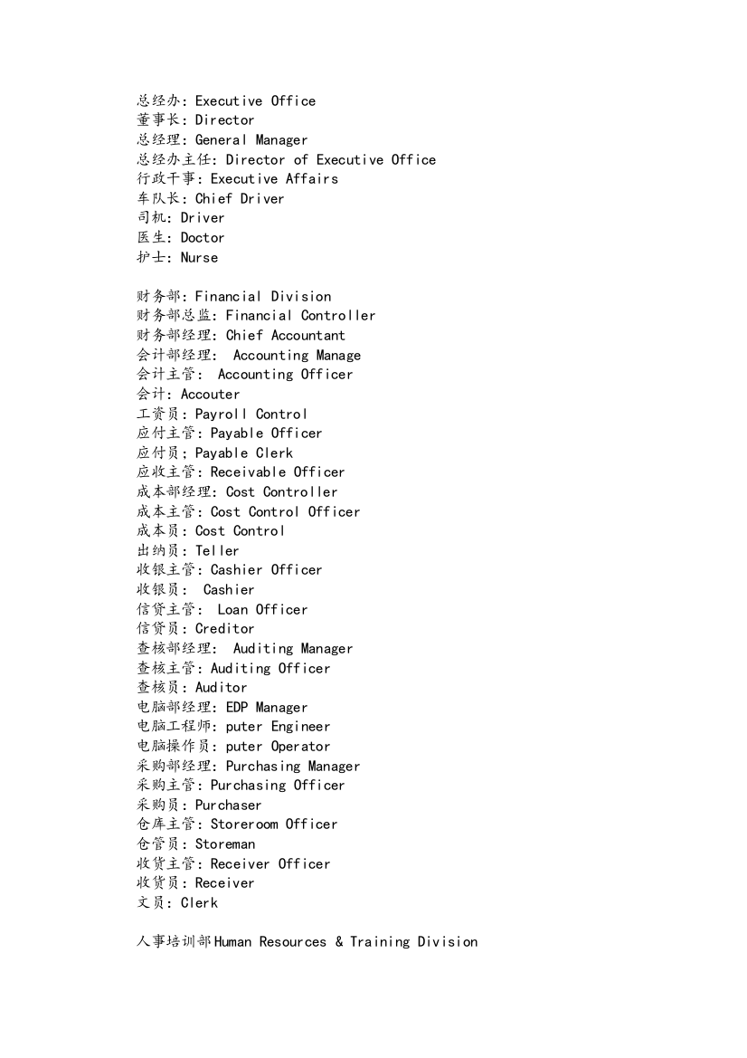 酒店各部门人员中英文对照