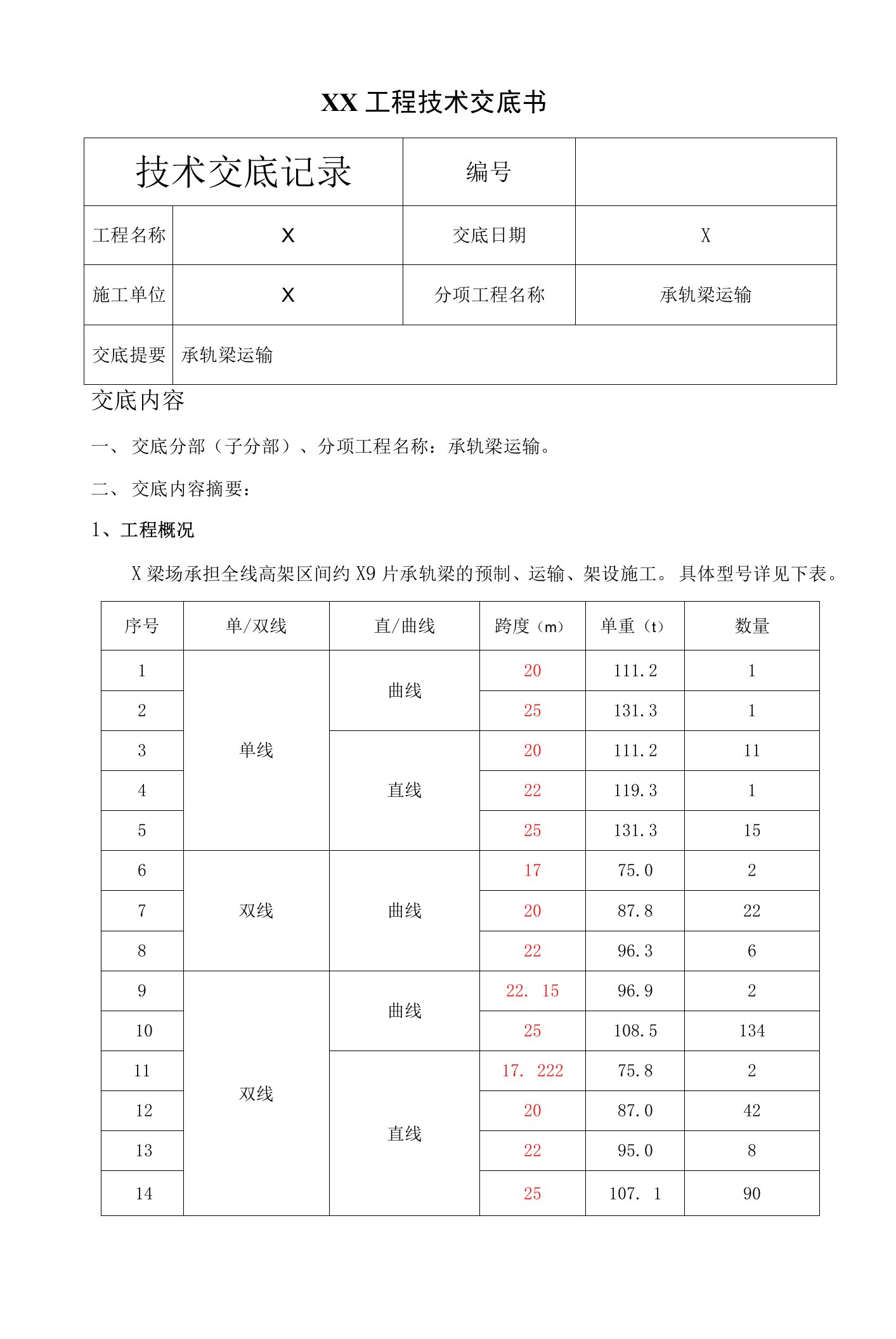 承轨梁运输技术交底书