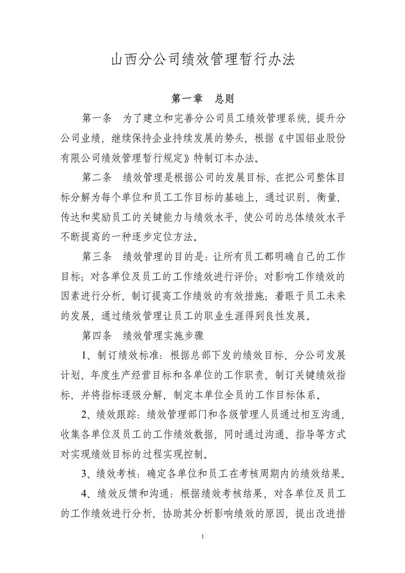 山西分公司绩效管理暂行办法