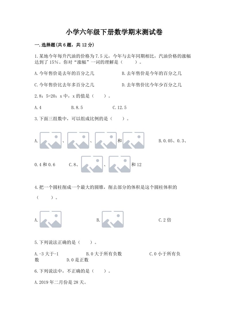 小学六年级下册数学期末测试卷及参考答案【培优】