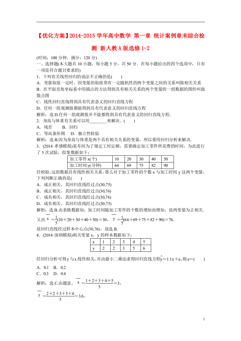 优化方案2014-2015学年高中数学第一章统计案例章末综合检测新人教A版选修1-2