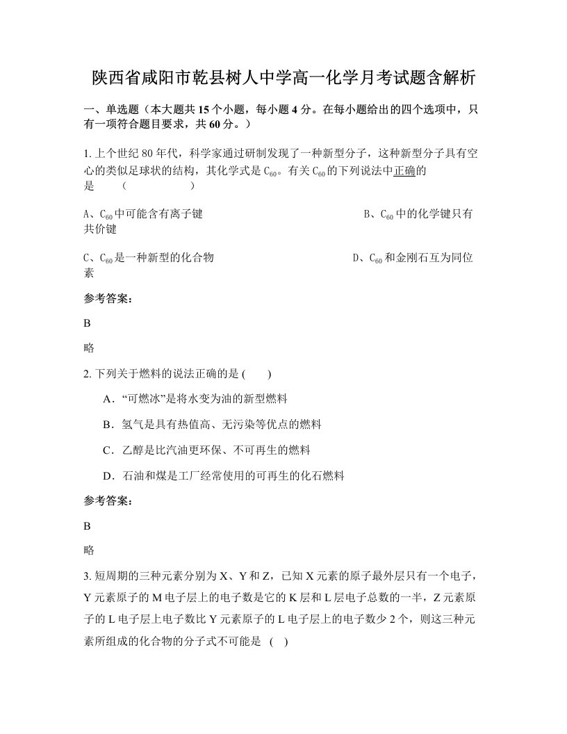 陕西省咸阳市乾县树人中学高一化学月考试题含解析