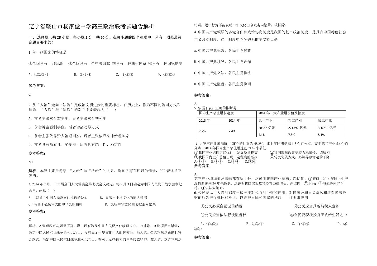 辽宁省鞍山市杨家堡中学高三政治联考试题含解析