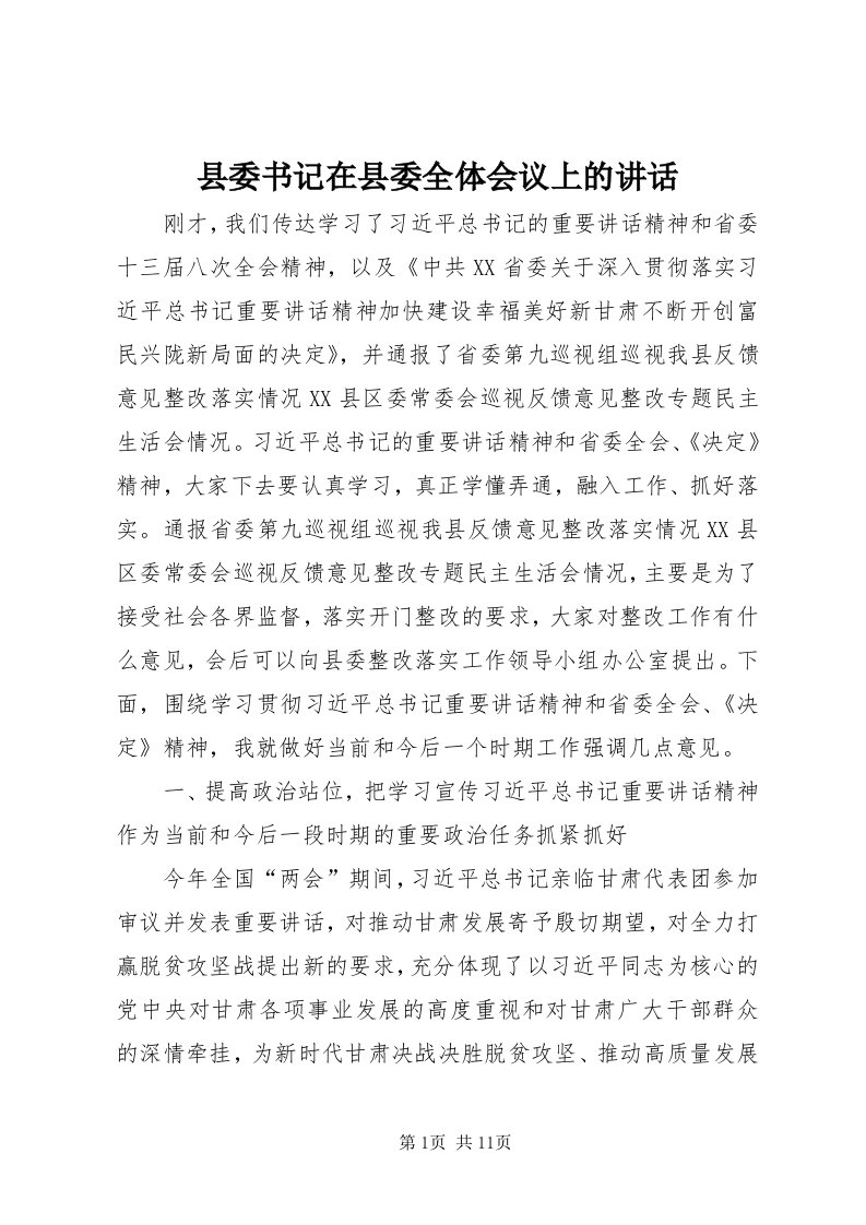 6县委书记在县委全体会议上的致辞