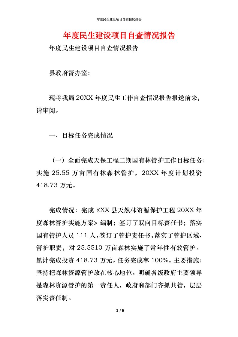 精编2021年度民生建设项目自查情况报告