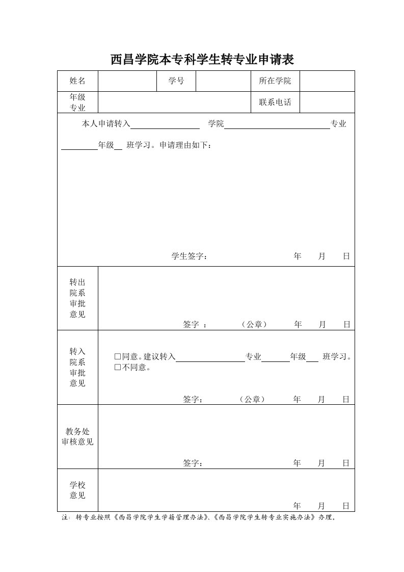 西昌学院本专科学生转专业申请表