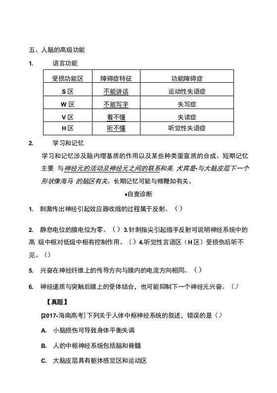 河北枣强中学20192020年高三上学期一轮复习生物神经调节习题