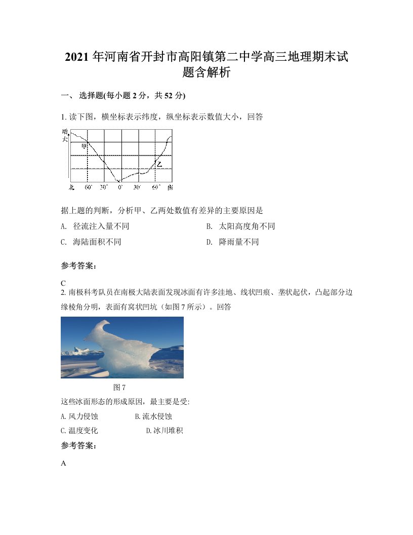 2021年河南省开封市高阳镇第二中学高三地理期末试题含解析