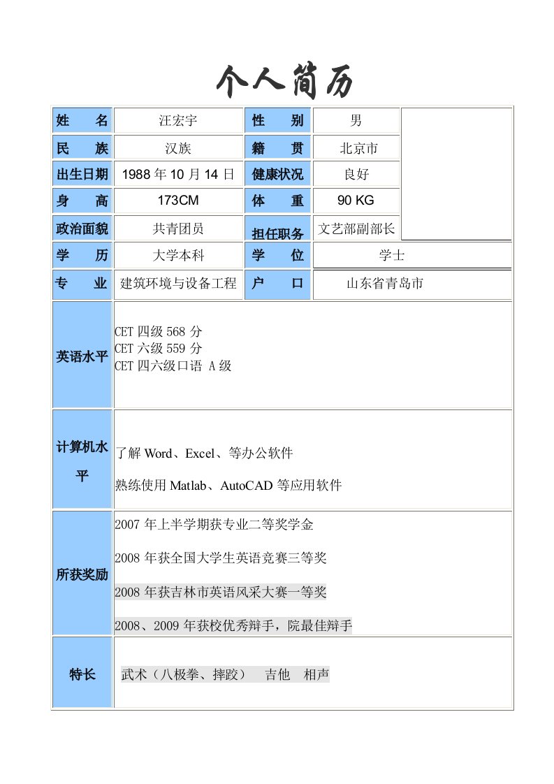 东北电力大学简历标准模版