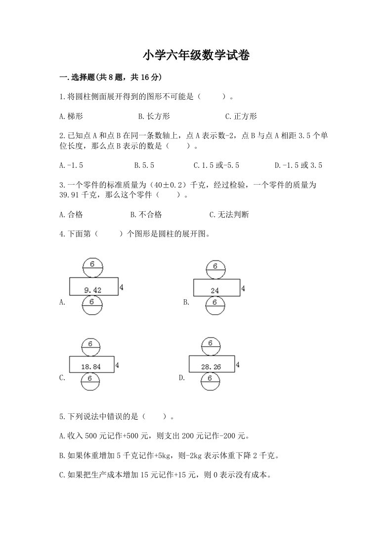 小学六年级数学试卷【易错题】