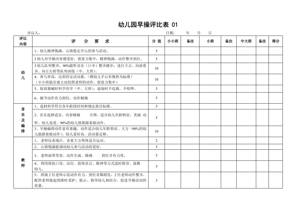 幼儿园早操评比表