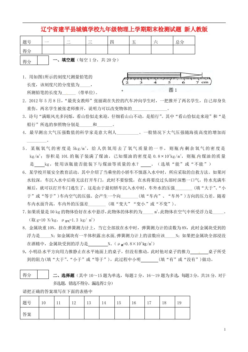 辽宁省建平县九级物理上学期期末检测试题