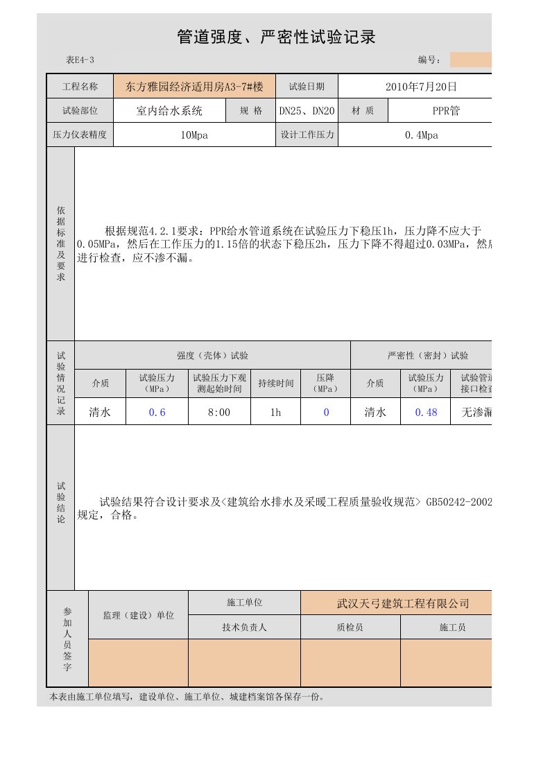 给水管道强度、严密性试验记录