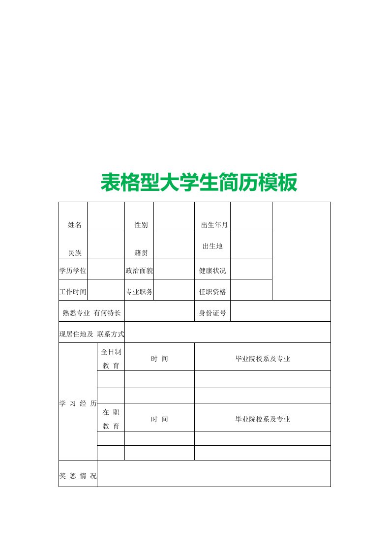 表格型大学生简历模板下载