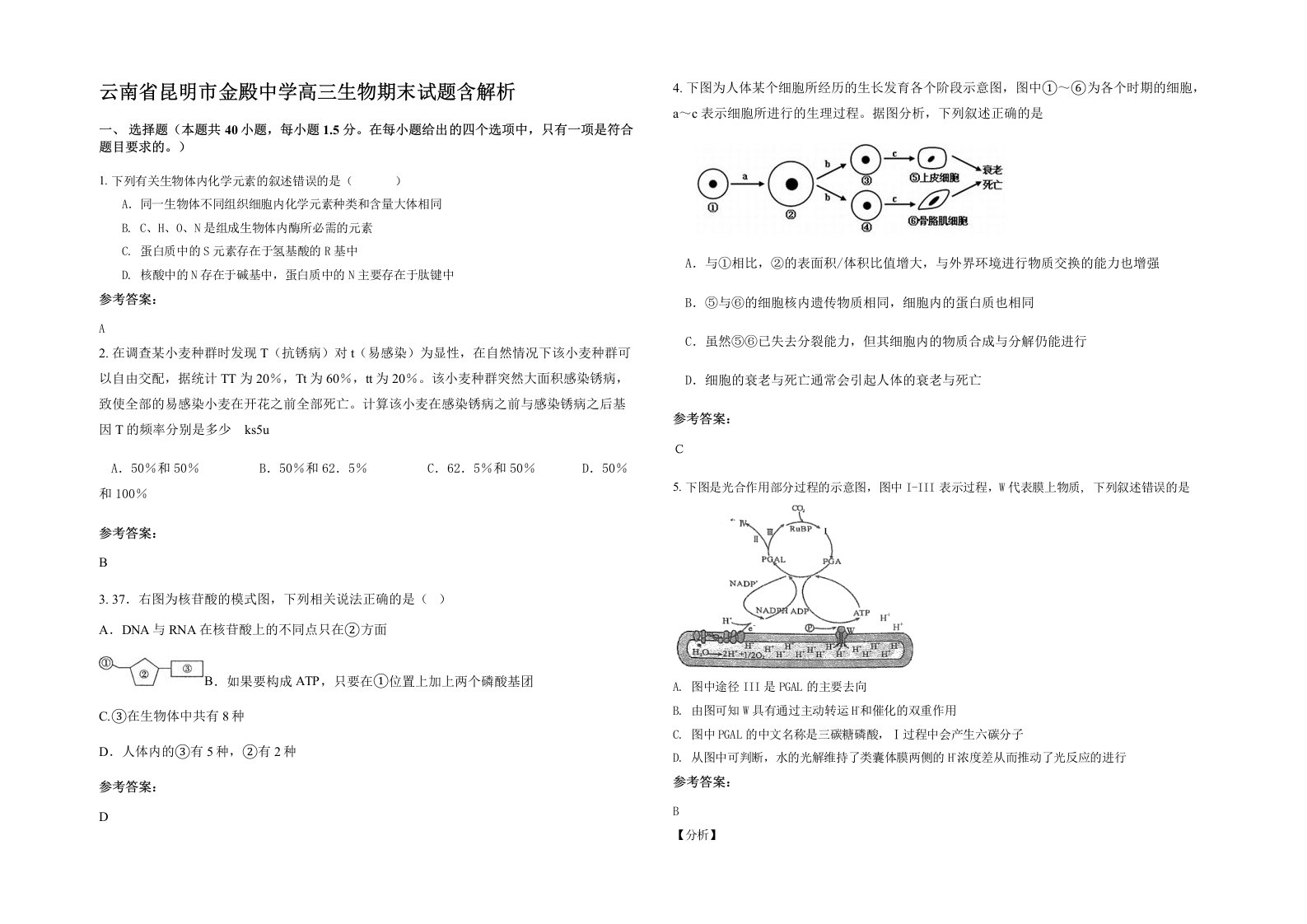 云南省昆明市金殿中学高三生物期末试题含解析