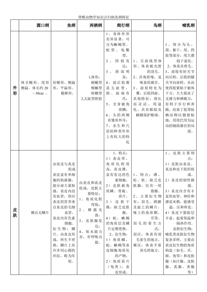 脊椎动物学知识点归纳各纲特征