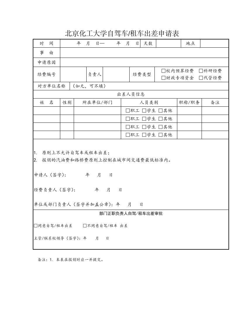 北京化工大学自驾车租车出差申请表