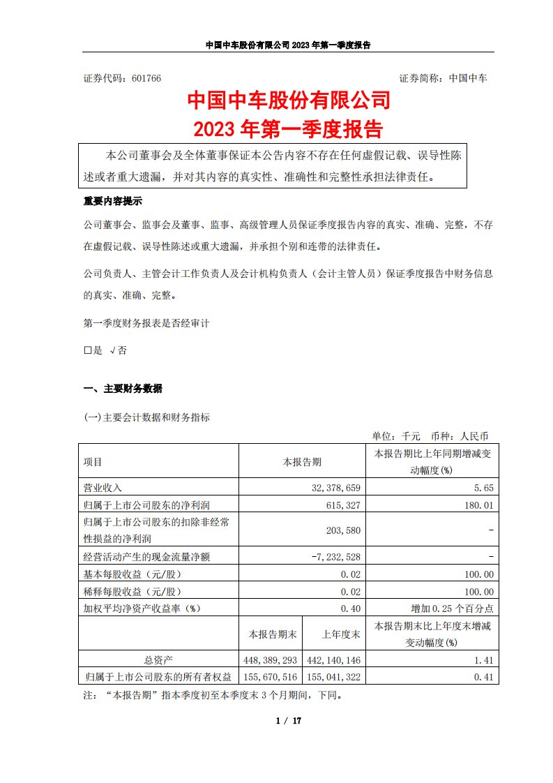 上交所-中国中车2023年第一季度报告-20230428