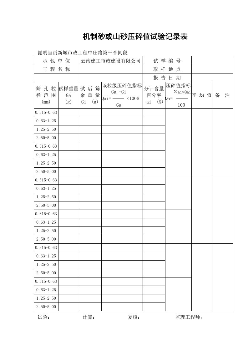 建筑资料-机制砂或山砂压碎值试验记录表