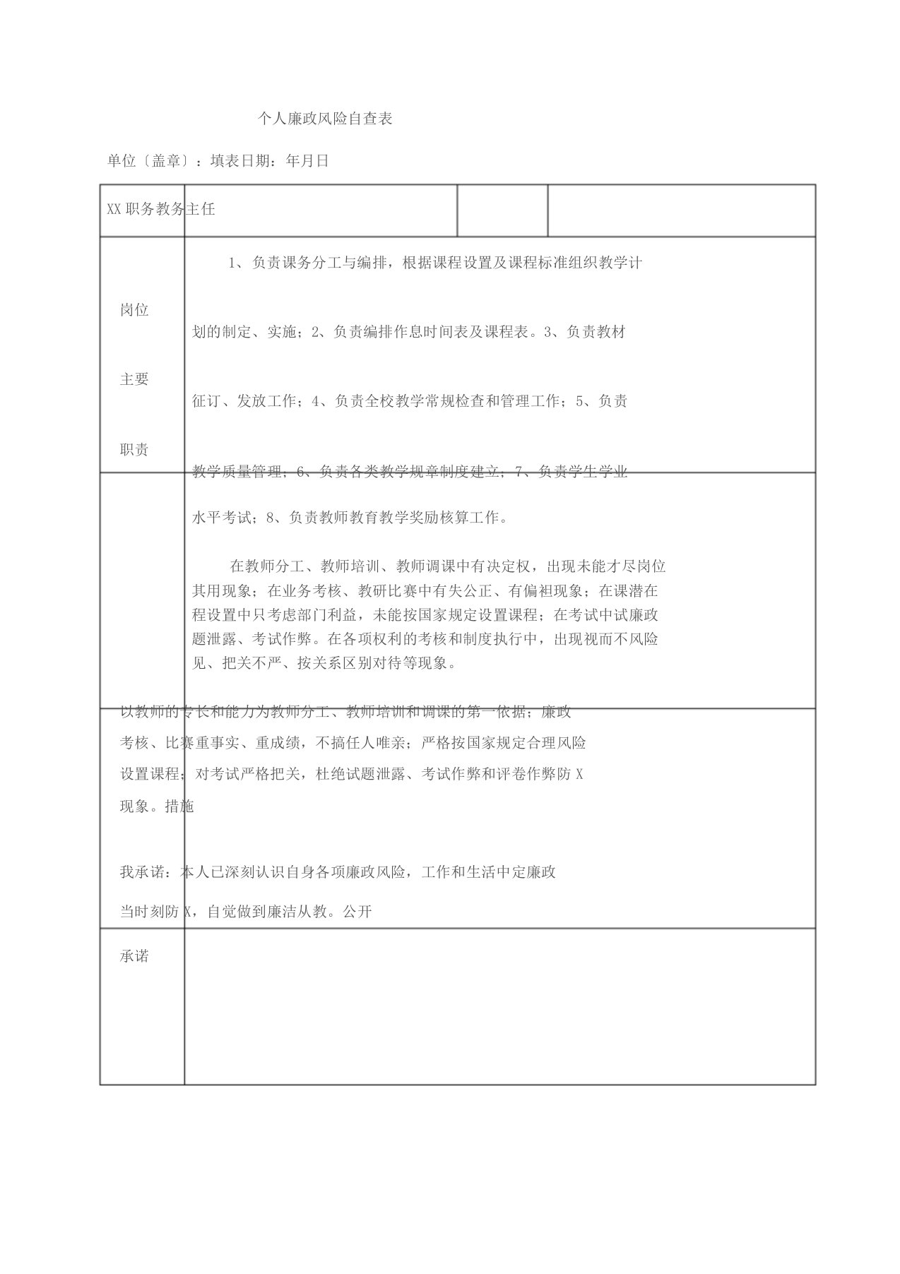 教务主任个人廉政风险自查表