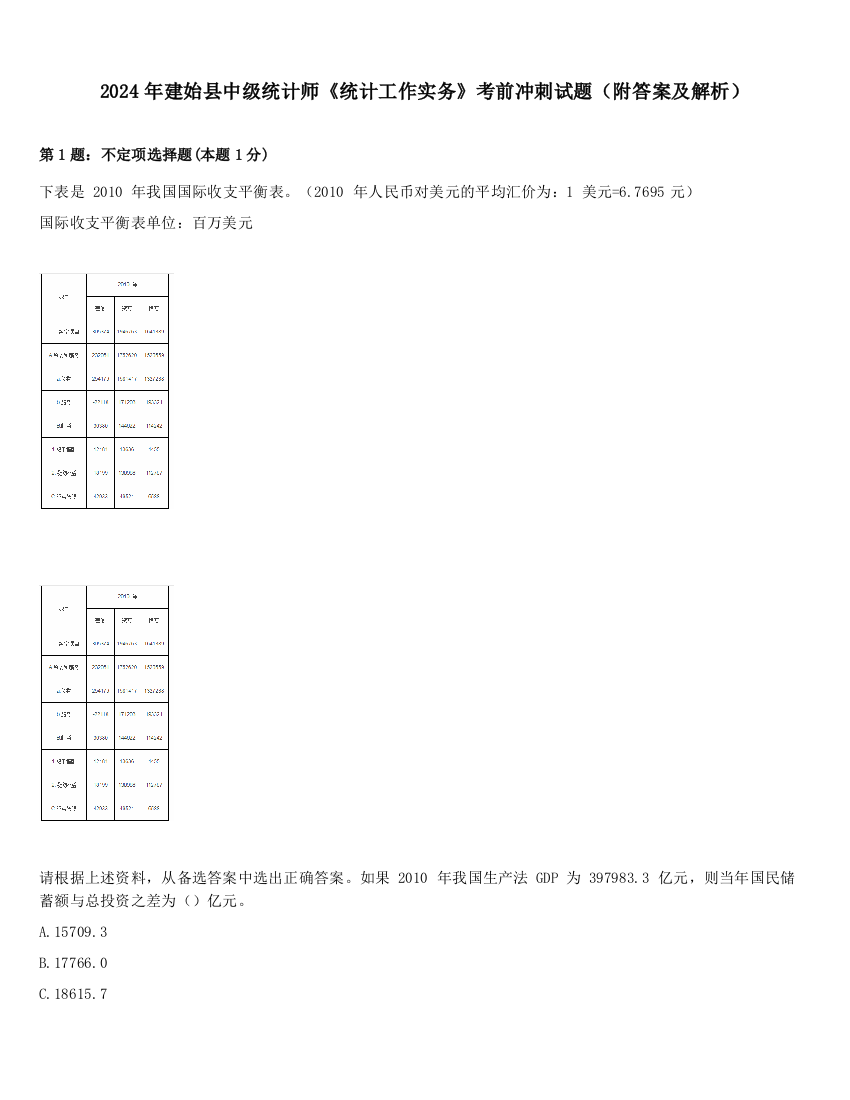 2024年建始县中级统计师《统计工作实务》考前冲刺试题（附答案及解析）