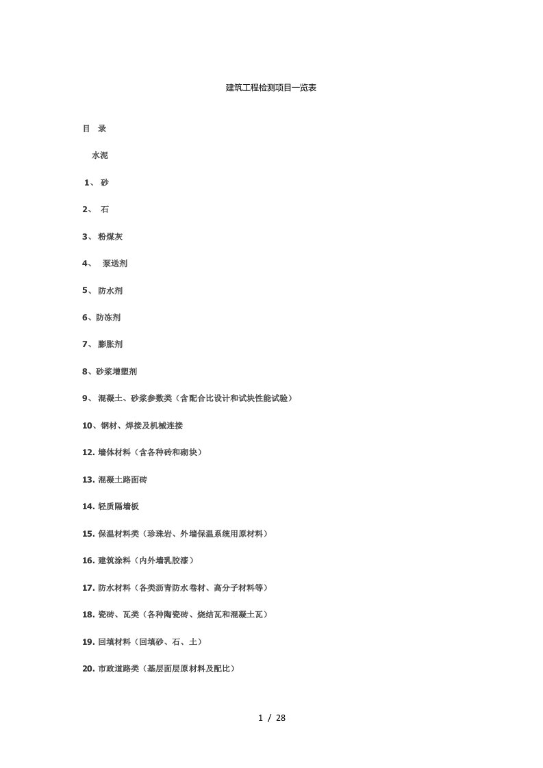 建筑工程质量检测项目一览表