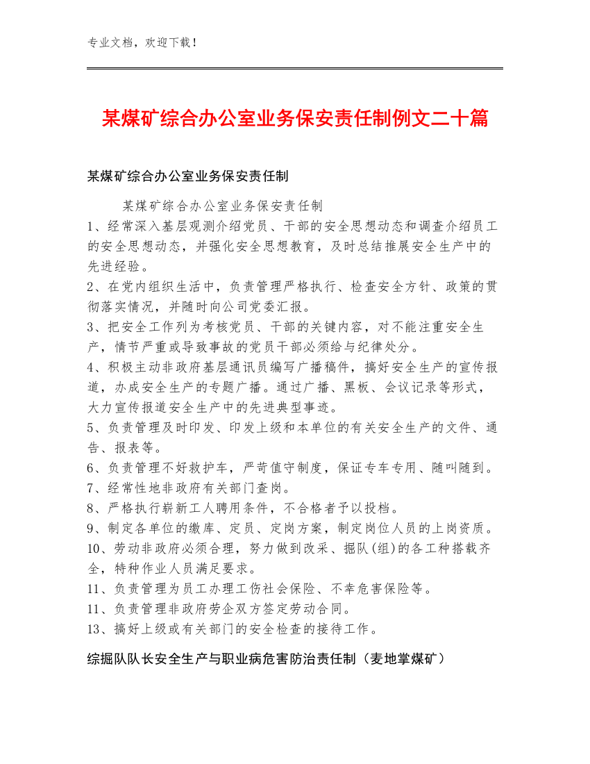 某煤矿综合办公室业务保安责任制例文二十篇