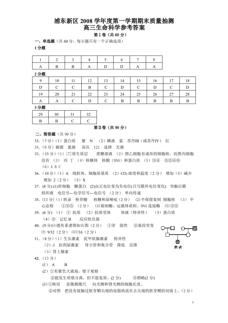 浦东202X学年第一学期高三生命科学期末试卷答案