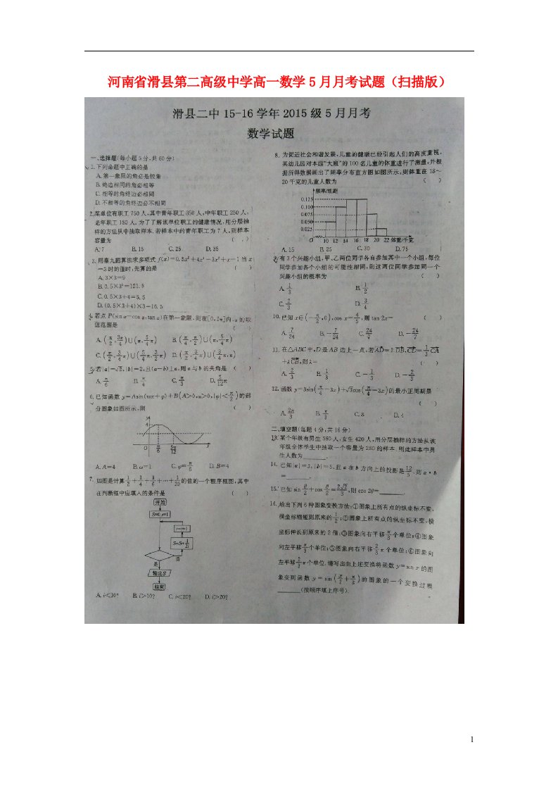 河南省滑县第二高级中学高一数学5月月考试题（扫描版）