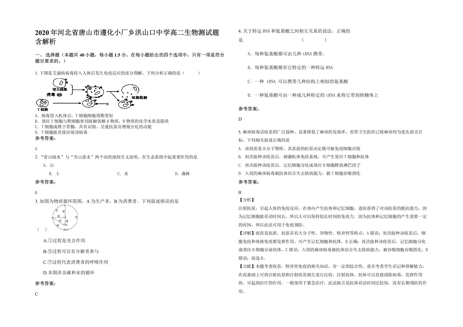 2020年河北省唐山市遵化小厂乡洪山口中学高二生物测试题含解析