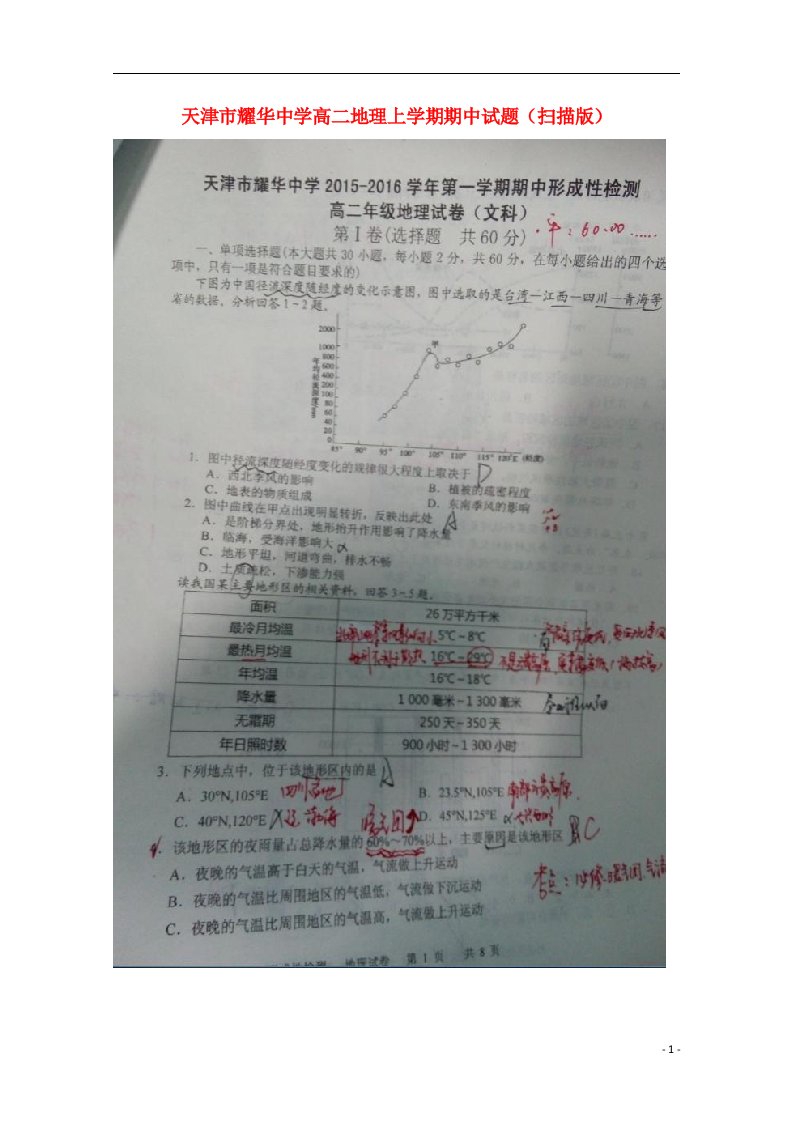 天津市耀华中学高二地理上学期期中试题（扫描版）