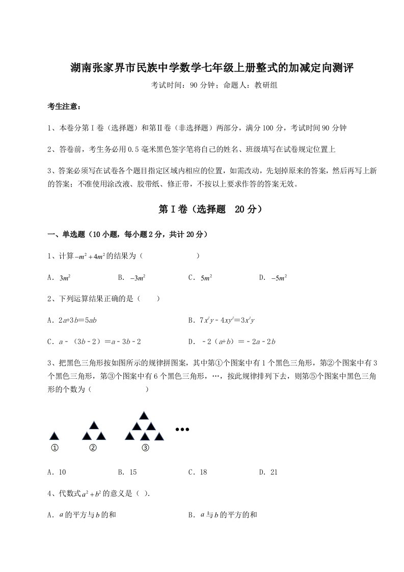 考点攻克湖南张家界市民族中学数学七年级上册整式的加减定向测评试卷（含答案详解）