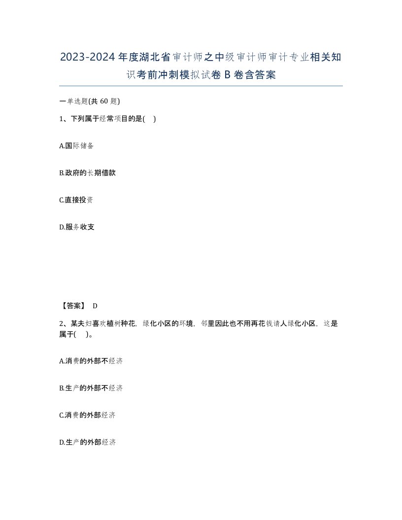 2023-2024年度湖北省审计师之中级审计师审计专业相关知识考前冲刺模拟试卷B卷含答案