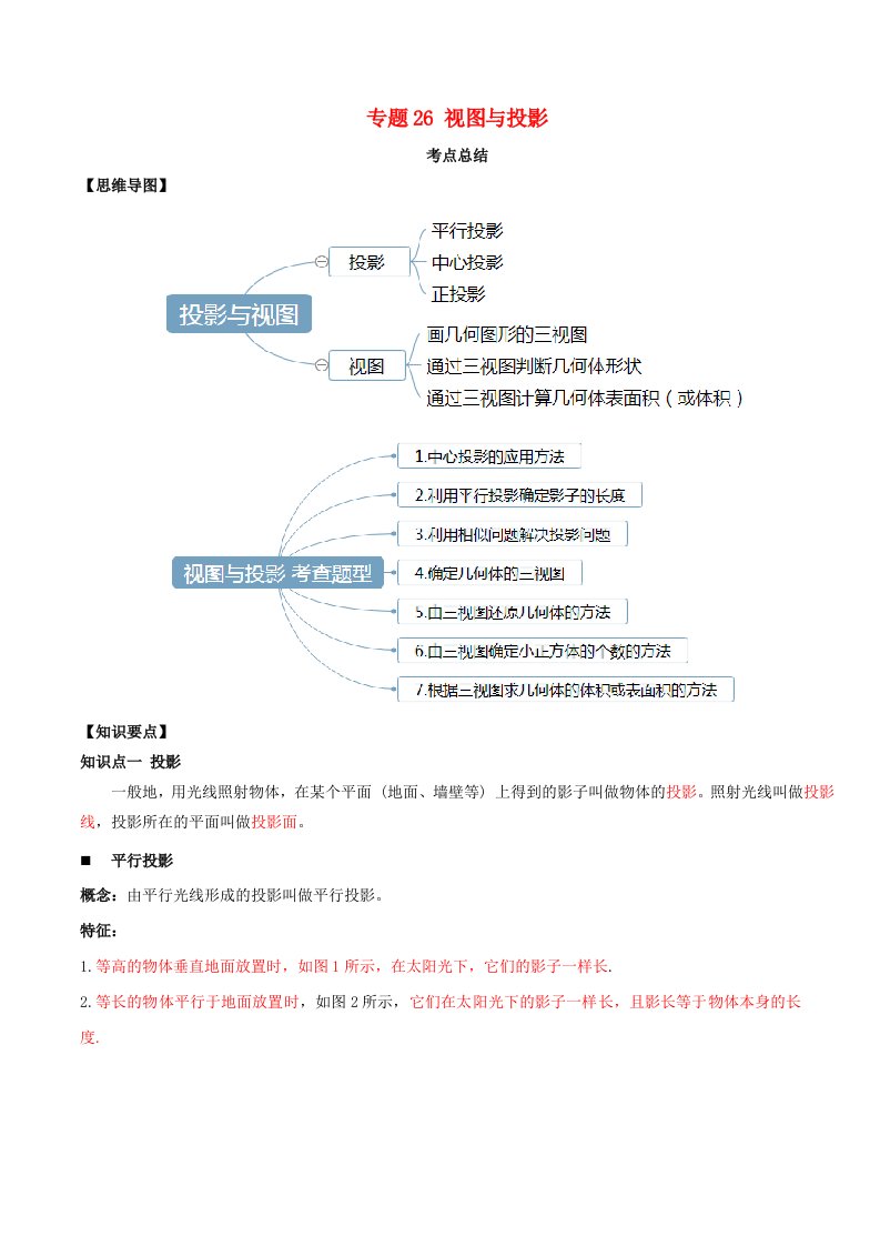 2020年中考数学一轮复习基醇点及题型专题26视图与投影含解析