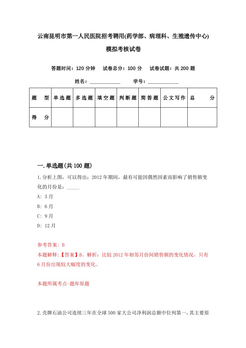 云南昆明市第一人民医院招考聘用药学部病理科生殖遗传中心模拟考核试卷6