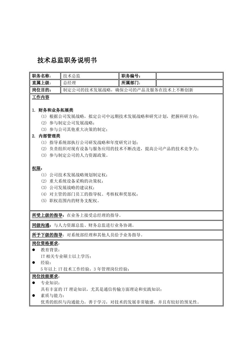 岗位职责-国安创想公司技术总监职务说明书