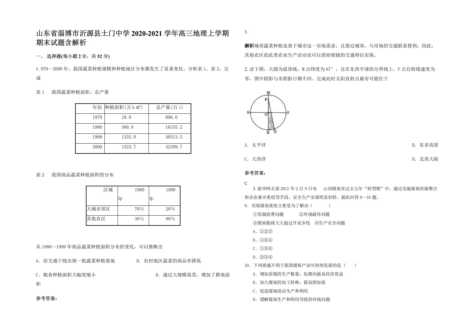 山东省淄博市沂源县土门中学2020-2021学年高三地理上学期期末试题含解析