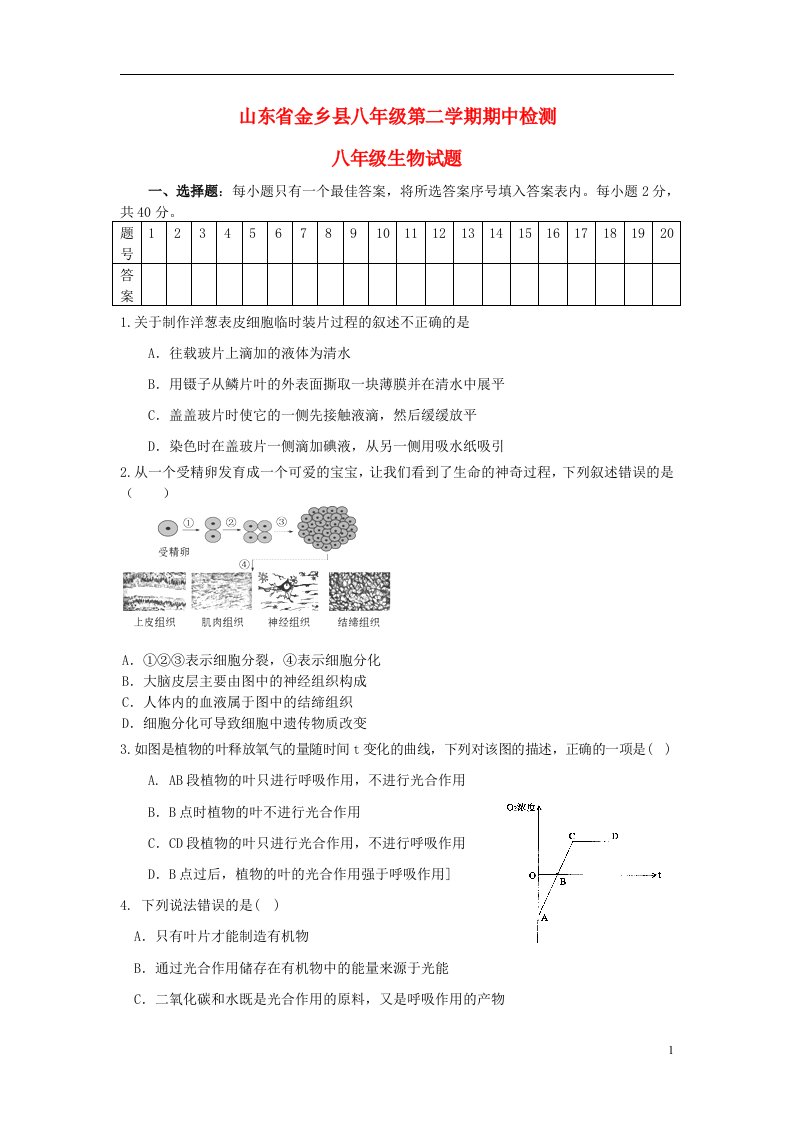 山东省金乡县八级生物下学期期中检测试题