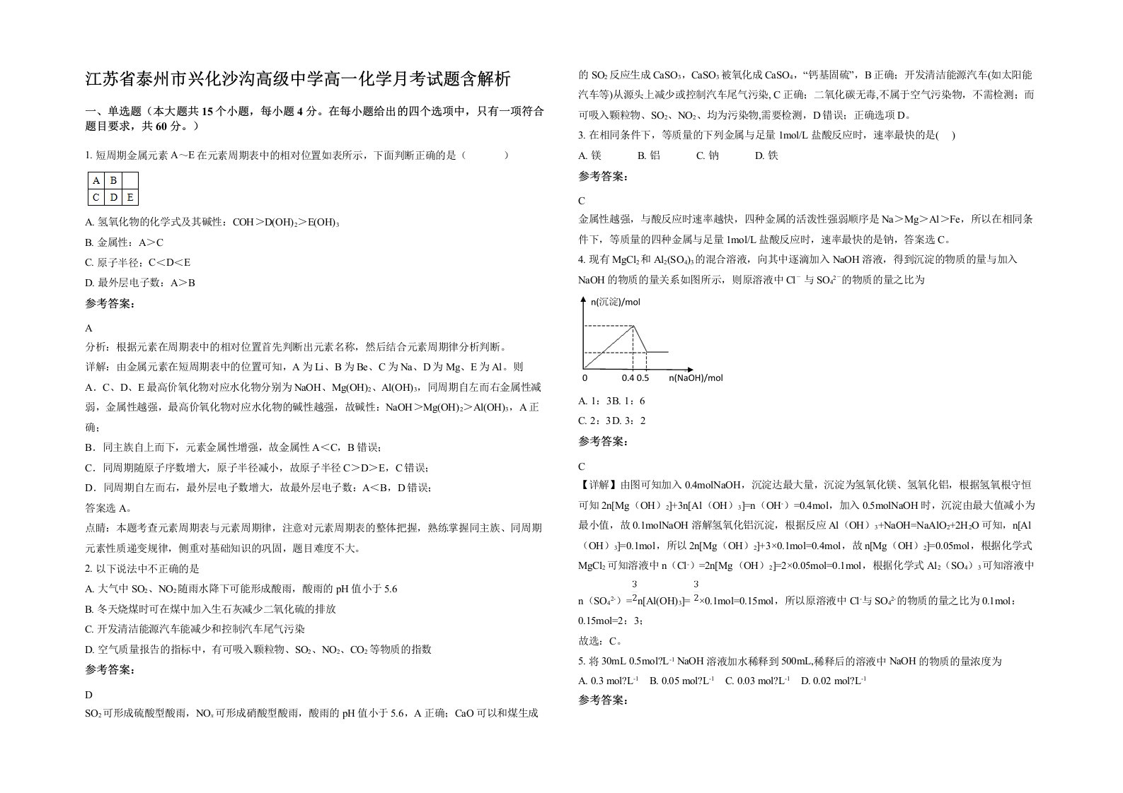 江苏省泰州市兴化沙沟高级中学高一化学月考试题含解析