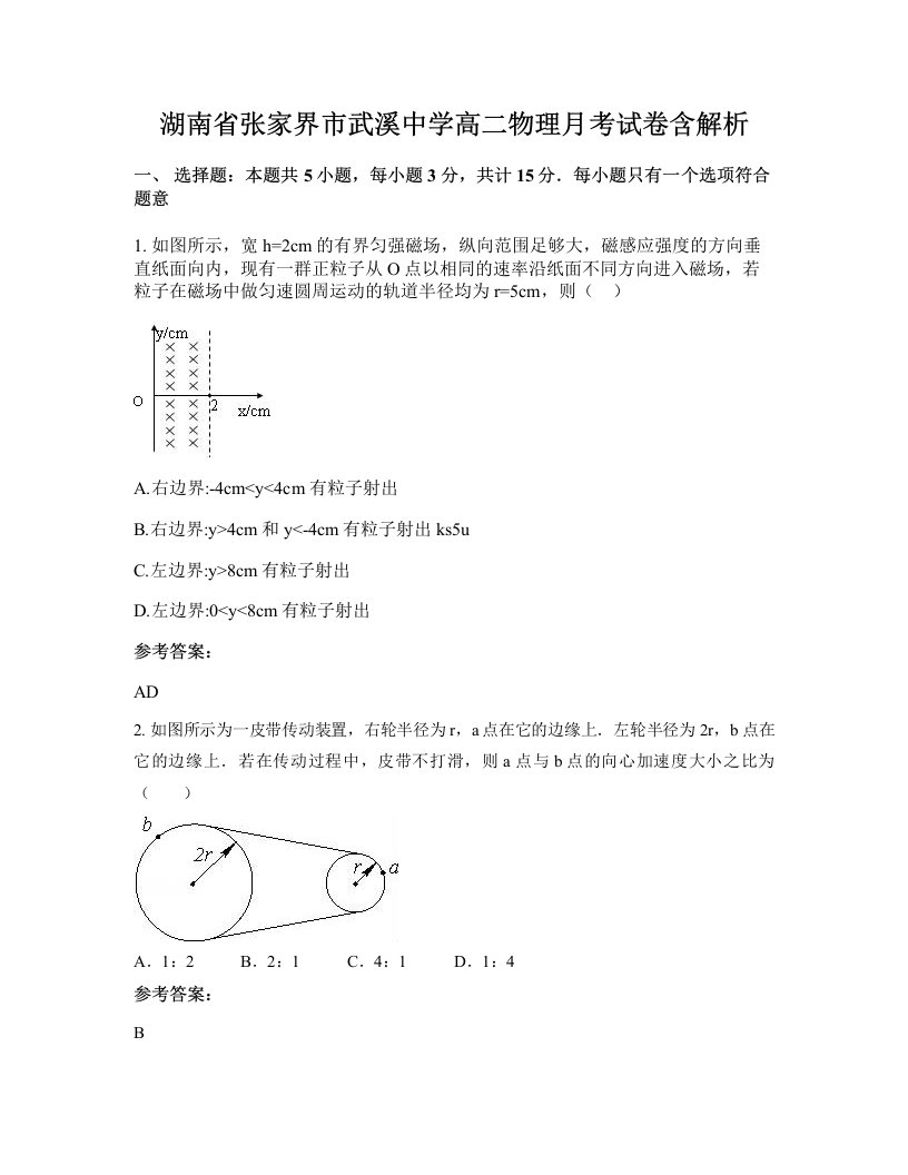 湖南省张家界市武溪中学高二物理月考试卷含解析