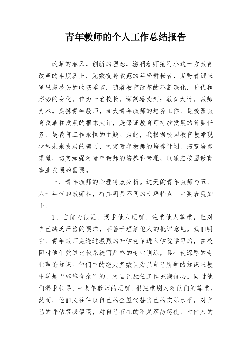 青年教师的个人工作总结报告