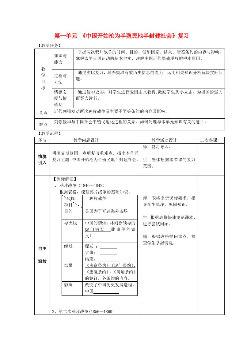 八级历史上册第一单元中国开始沦为半殖民地半封建社会复习教案新人教